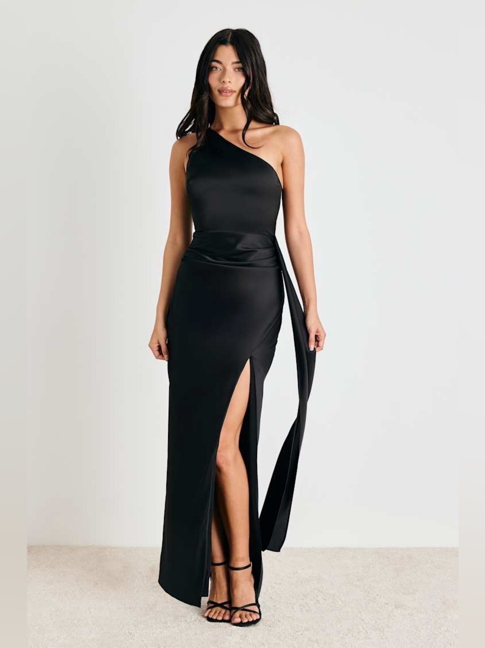 Lulus Signature Elegance Black Satin One-Shoulder Maxi Dress Size XL NWT